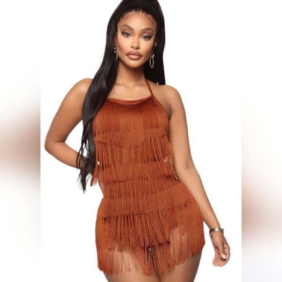 FASHION nova part crasher fringe romper copper brown size XL @L1 - Picture 1 of 11